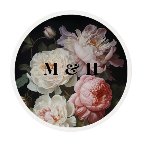 Moody Pink and White Peony  Rose Floral Edible Frosting Rounds