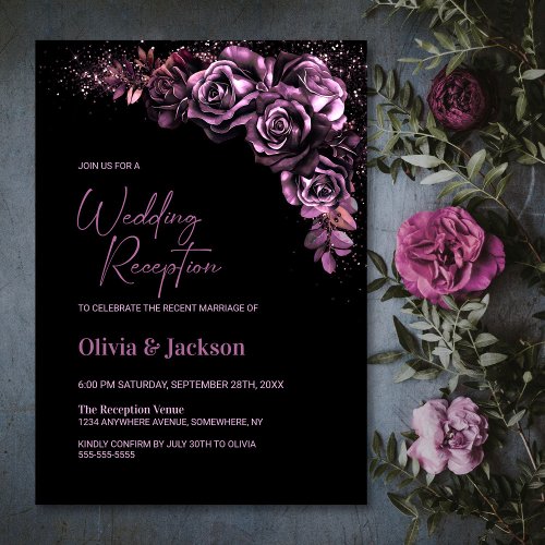 Moody Pink Floral Wedding Reception Invitation