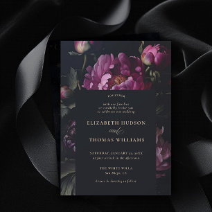 Moody Pink Peony Modern Vintage Elegant Wedding Invitation