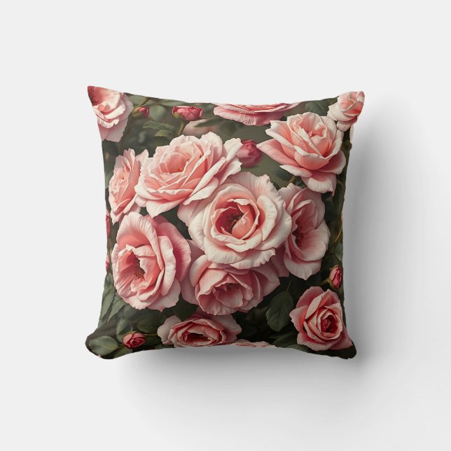 Moody Pink Rose Garden Pattern Throw Pillow (Front)