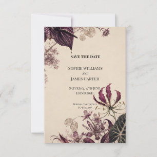 Moody Plum Botanical Collage Wedding Save The Date
