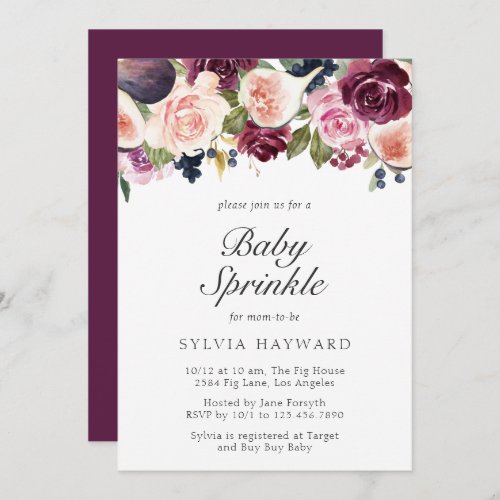 Moody Plum Floral and Fig Girl Baby Sprinkle Invitation