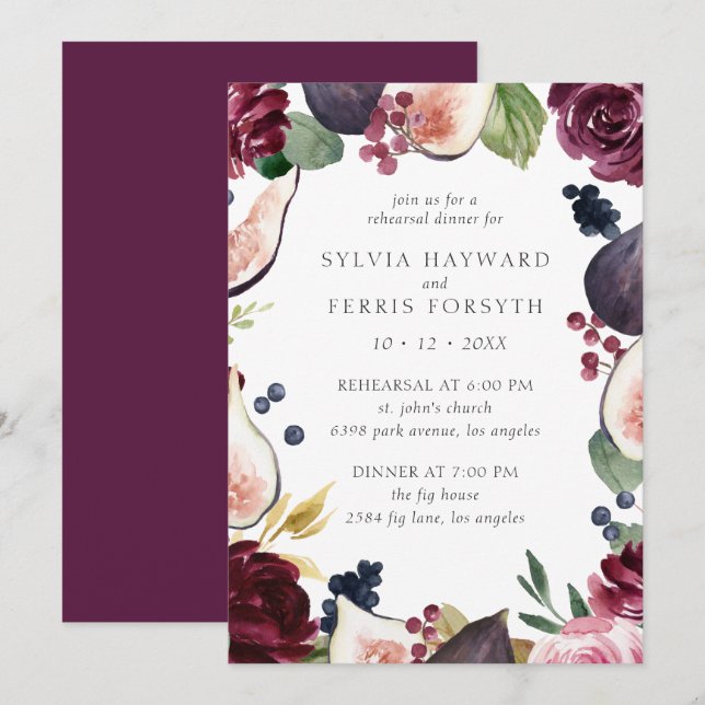 Moody Plum Floral and Fig Rehearsal Dinner Invitation (Front/Back)