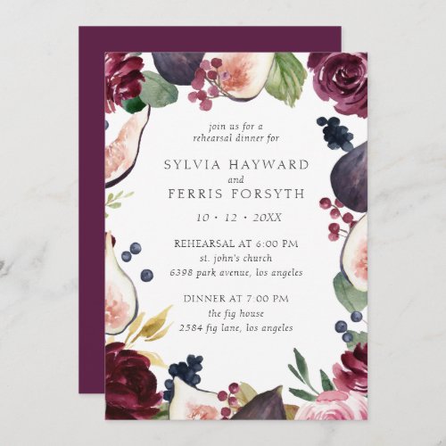 Moody Plum Floral and Fig Rehearsal Dinner Invitation