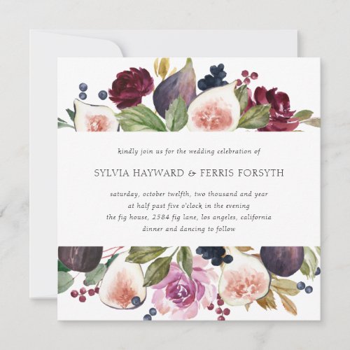 Moody Plum Floral and Fig Square Wedding Invitation