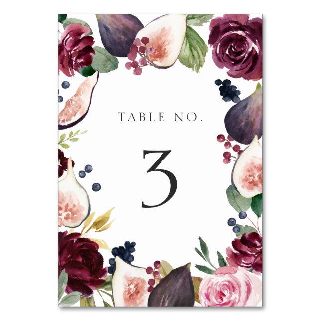 Moody Plum Floral and Fig Wedding Table Number (Front)
