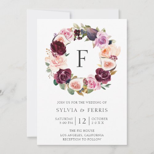 Moody Plum Floral and Fig Wreath Monogram Wedding Invitation