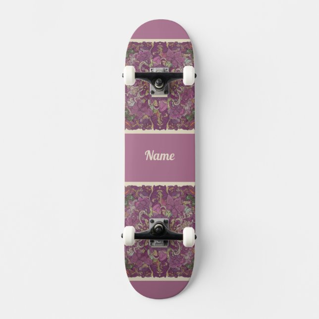 Moody Plum Floral Doodle Art Skateboard (Front)