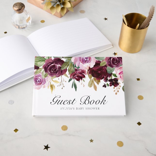 Moody Plum Floral Girl Baby Shower Guest Book (Front Open)