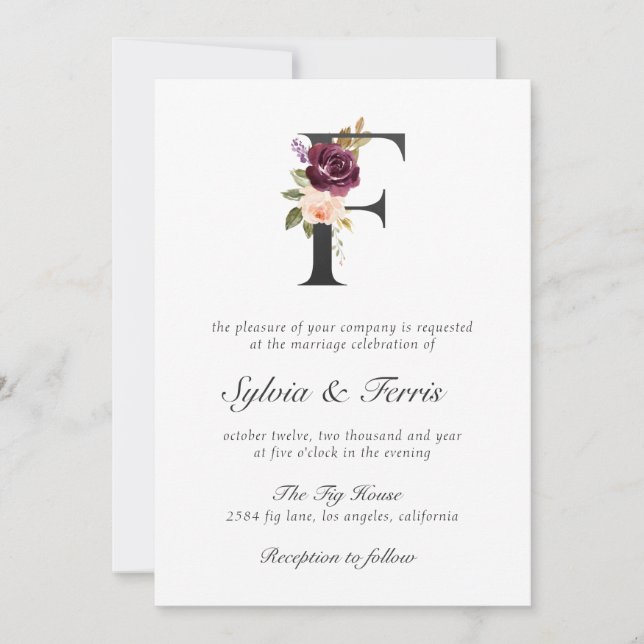 Moody Plum Floral Monogram Wedding Invitation (Front)