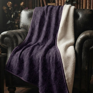 Moody Plum Gothic Damask Pattern Sherpa Blanket