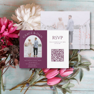 Moody Plum Modern Arch Photo Minimalist Wedding RSVP Card