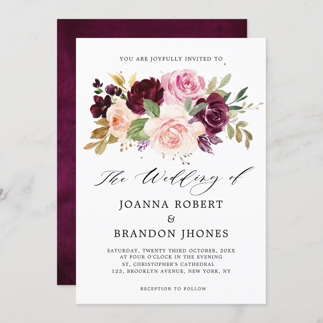 Moody Plum Purple Blush Pink Rose Floral Wedding Invitation | Zazzle