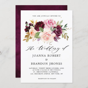 Moody Plum Purple Blush Pink Rose Floral Wedding Invitation