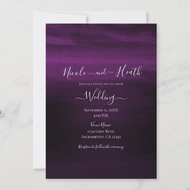 Moody Plum Purple Modern Watercolor Wedding  Invitation (Front)