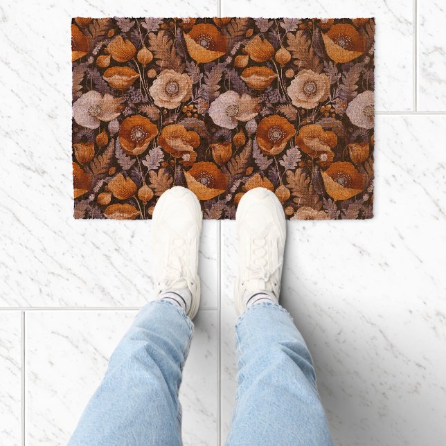 Moody poppies on black pattern fiber doormat (Insitu)