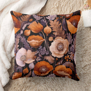 Moody poppies on black pattern throw pillow