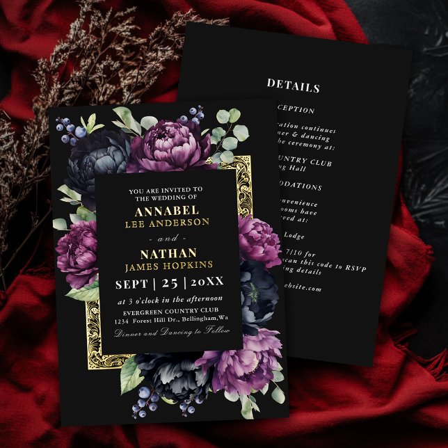Moody Purple and Black Elegant Floral Wedding Foil Invitation (Creator Uploaded)