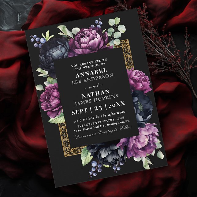 Moody Purple and Black Elegant Floral Wedding  Invitation (Creator Uploaded)
