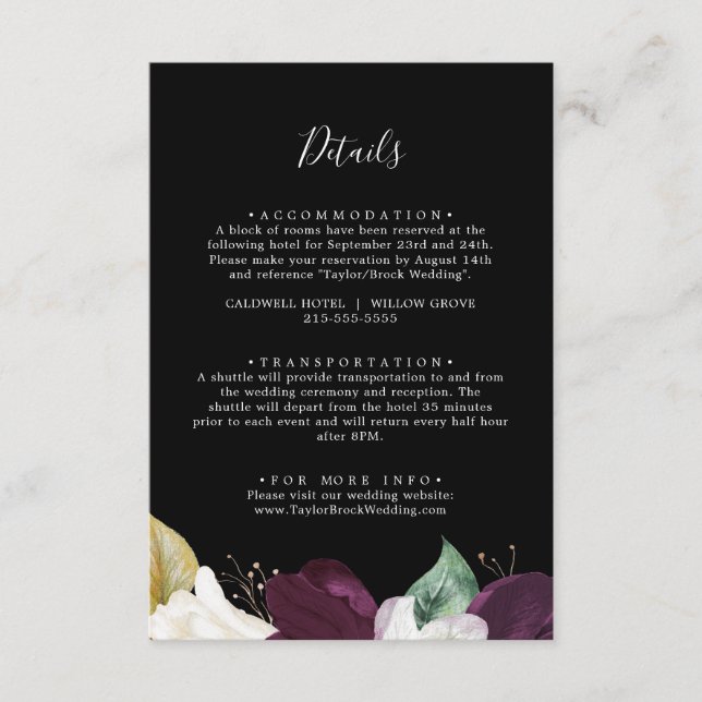 Moody Purple Black Wedding Details Enclosure Card (Front)