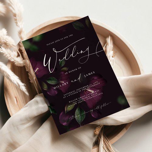 Moody Purple Bloom Calligraphy Wedding invitation 