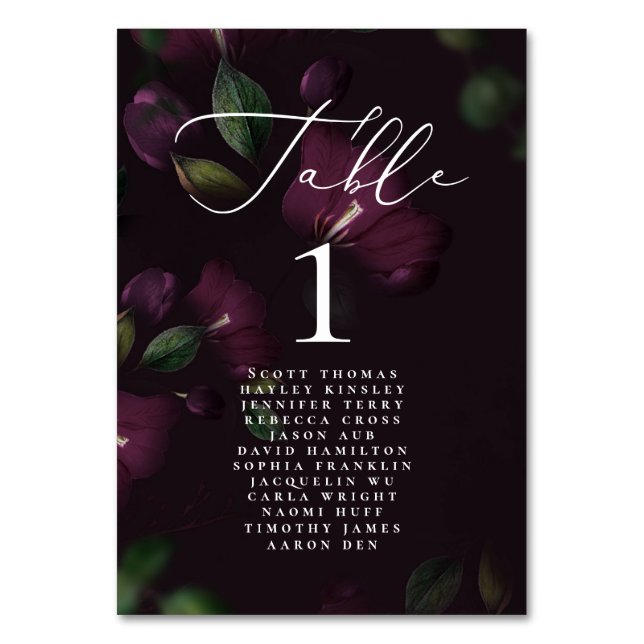 Moody Purple Bloom Gothic Calligraphy Wedding Name Table Number (Back)