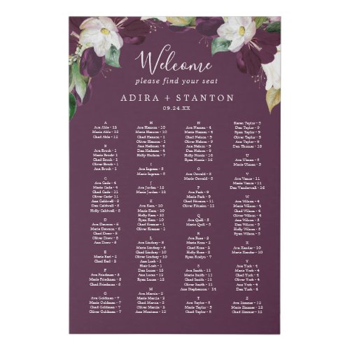 Moody Purple Bloom Plum Alphabetical Seating Chart Faux Canvas Print