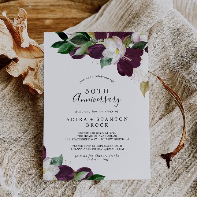 Moody Purple Blooms 50th Wedding Anniversary Invitation (Creator Uploaded)