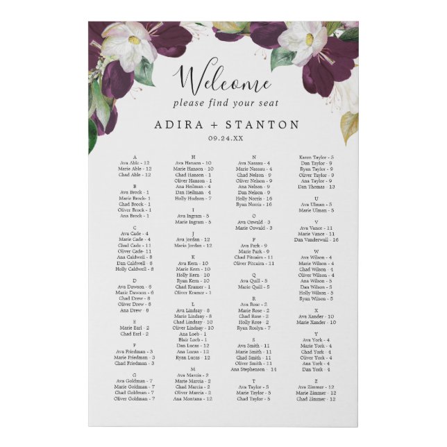 Moody Purple Blooms Alphabetical Seating Chart Faux Canvas Print (Front)