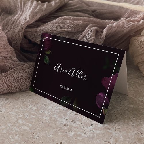 Moody Purple Blooms  Black Pattern Place Cards