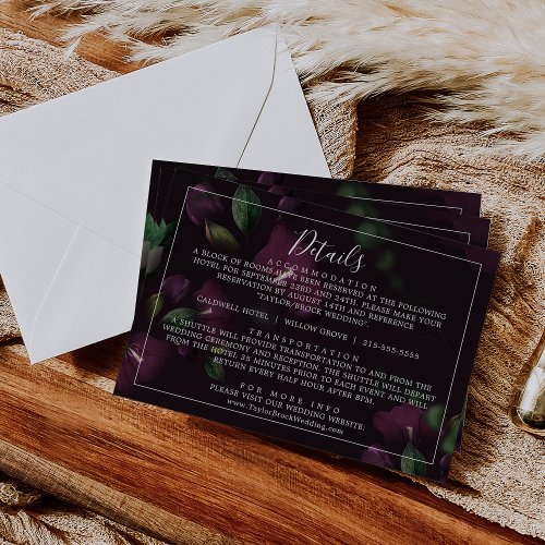 Moody Purple Blooms Black Pattern Wedding Details Enclosure Card