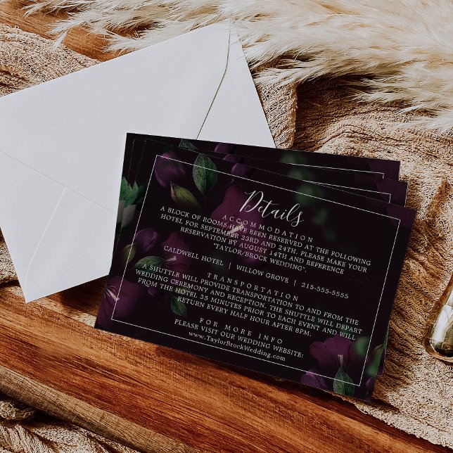 Moody Purple Blooms Black Pattern Wedding Details Enclosure Card (Creator Uploaded)