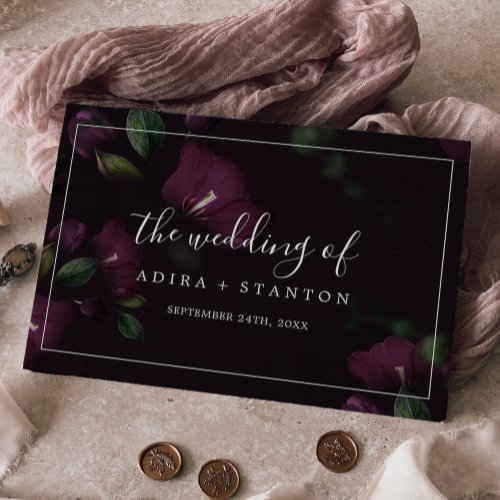 Moody Purple Blooms  Black Pattern Wedding Guest Book
