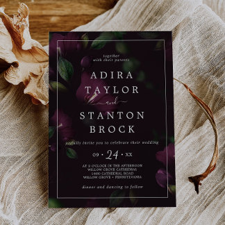 Moody Purple Blooms | Black Pattern Wedding Invitation