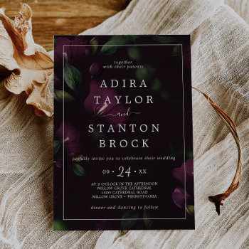 Moody Purple Blooms | Black Pattern Wedding Invitation by FreshAndYummy at Zazzle