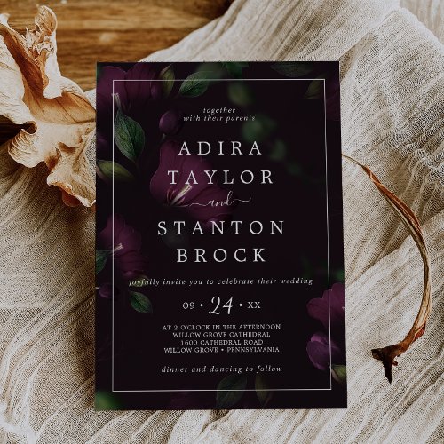 Moody Purple Blooms  Black Pattern Wedding Invitation