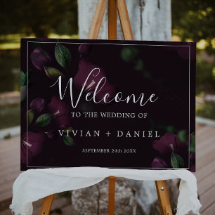 Moody Purple Blooms Black Pattern Wedding Welcome Foam Board