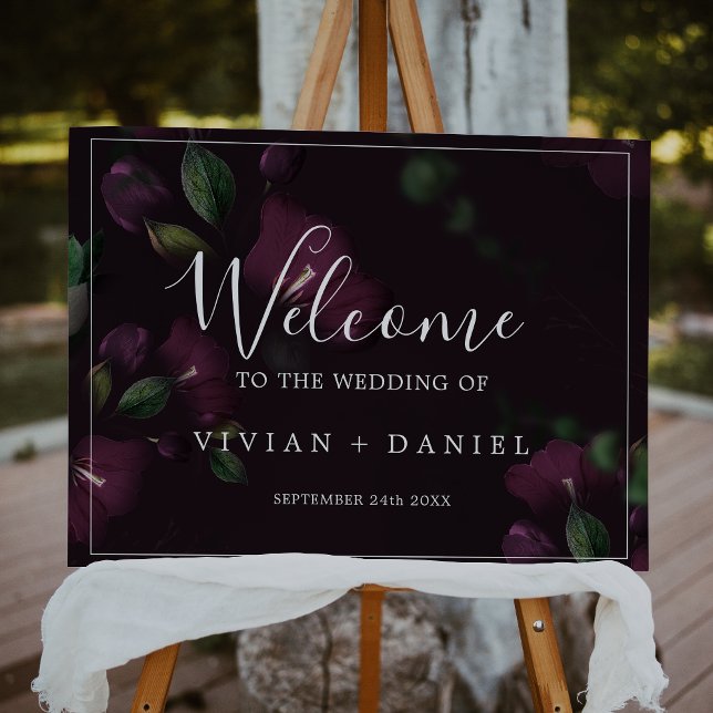 Moody Purple Blooms Black Pattern Wedding Welcome Foam Board (Creator Uploaded)