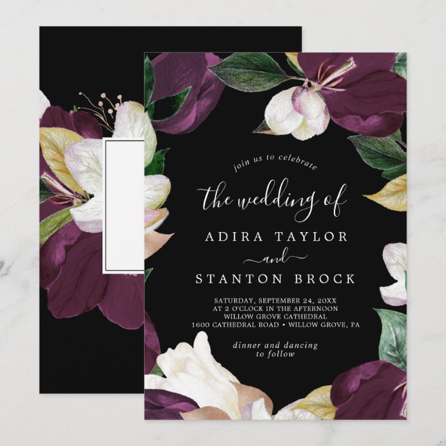Moody Purple Blooms | Black The Wedding Of Invitation (Front/Back)