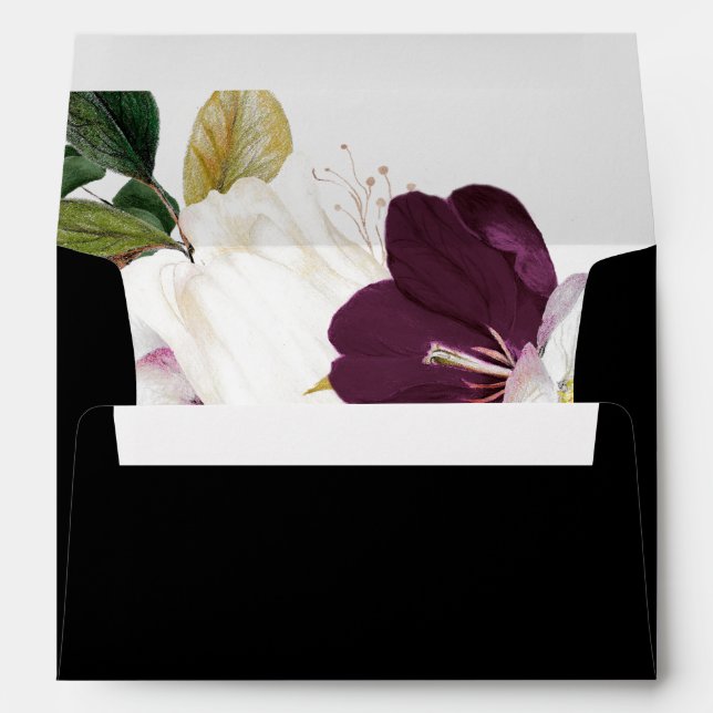 Moody Purple Blooms | Black Wedding Invitation Envelope (Back (Bottom))