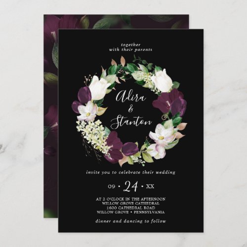 Moody Purple Blooms  Black Wreath Wedding Invitation