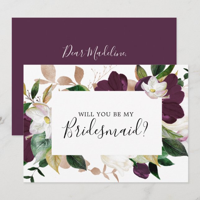Moody Purple Blooms Bridesmaid Proposal Card (Front/Back)