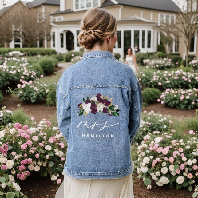 Moody Purple Blooms Calligraphy Mrs wedding day Denim Jacket (Wedding Back)