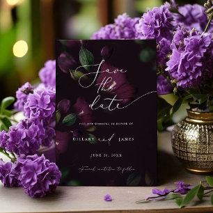 Moody Purple Blooms Calligraphy Save the date  Invitation