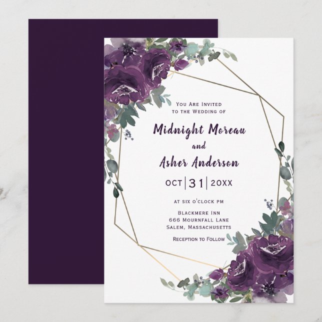 Moody Purple Blooms Floral Wedding Invitation (Front/Back)