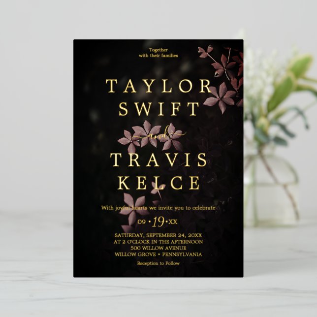 Moody Purple Blooms | Foil Black Pattern Wedding  Foil Invitation (Standing Front)