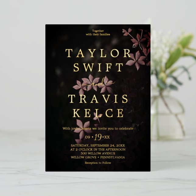 Moody Purple Blooms | Foil Black Pattern Wedding  Invitation (Standing Front)