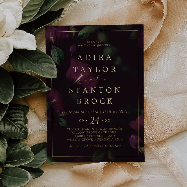 Moody Purple Blooms | Foil Black Pattern Wedding Invitation (Creator Uploaded)