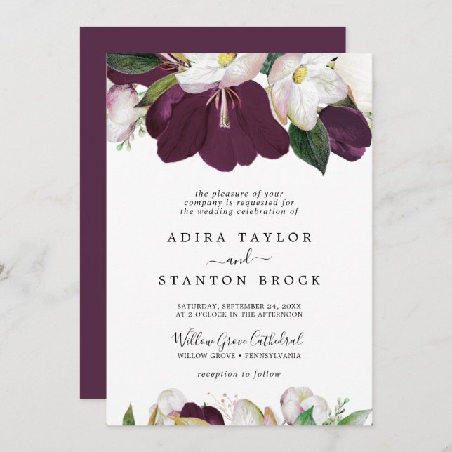 Moody Purple Blooms Formal Wedding Invitation (Front/Back)