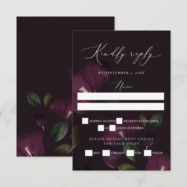 Moody Purple Blooms Gothic Wedding RSVP Card (Front/Back)
